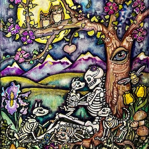 NEW! 4 Dogs in Moonlight Dia de Los Muertos  - Day of the Dead Skeleton  art print by Lisa Luree