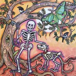 Moonlit Magpies, Moth and Man’s Best Friend - Dia de los Muertos DOG SKELETON print by Lisa Luree