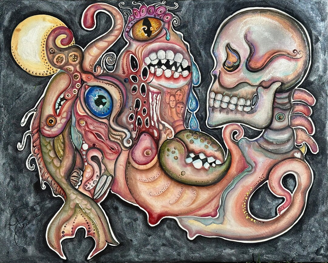 Original Surreal Strange Abstract Skull Painting by Lisa Luree Bonediva