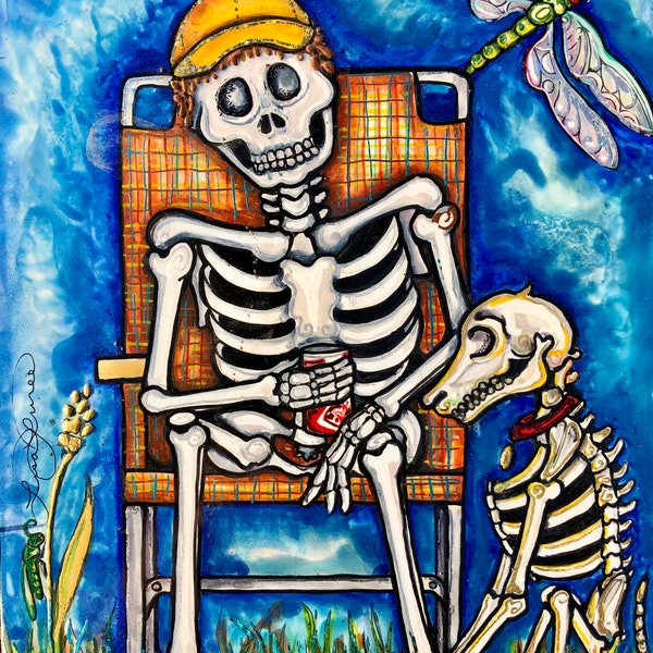 Hanging With the Dog - Male Dia de los Muertos skeletons Beer Lover print by Lisa Luree