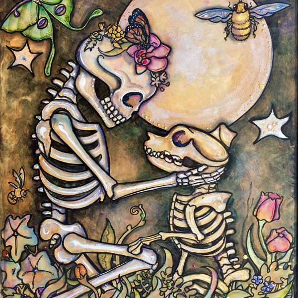 Soulstice Mates - Art print Skeleton DOG in the Moonlight print by Lisa Luree Bonediva dog lovers gift