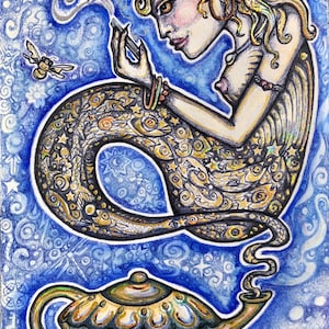 May include: A whimsical illustration of a genie emerging from a lamp. The genie, with a golden headdress and patterned body, is surrounded by swirling smoke and stars. The artwork is set against a blue background with a detailed, hand-drawn style.