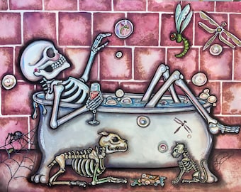 Bones and Bubbles - Skeleton in Bath with Dog and Cat   prints by Lisa Luree - Bonediva