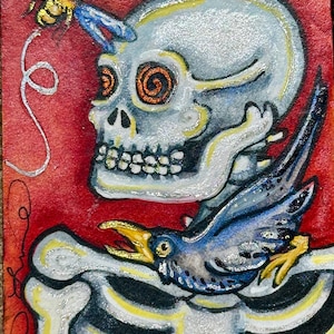 May include: A colorful illustration featuring a skeletal figure with a silver skull and ribcage, a blue and yellow bird, and a bee. The background is red. The skull has orange spiral eyes. The bird has a yellow beak and feet.