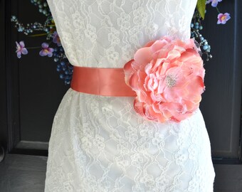 Wedding Sash, Coral wedding dress sash, Bridal sash, wedding dress belt, coral belt, flower sash, flower girl  bridesmaid dress