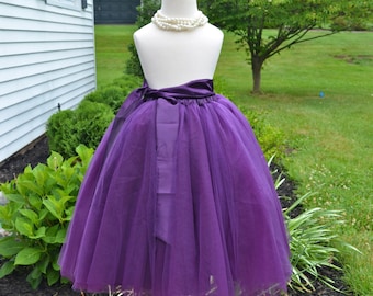 Flor menina tutu roxo ameixa com faixa, saia longa de tule roxo, tutu roxo, tutu roxo para meninas, casamento roxo