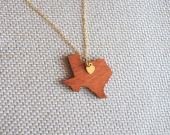 Texas Necklace, Wood Heart of Texas Necklace, Texas Strong Necklace, State Necklace, Wood Texas Necklace, Gold heart necklace