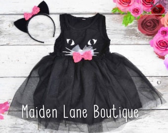 Black Cat Tutu Dress Halloween Costume Kitty Cat Ears Headband Tulle Girls 2t 3t 4t 5 6 Pink bows