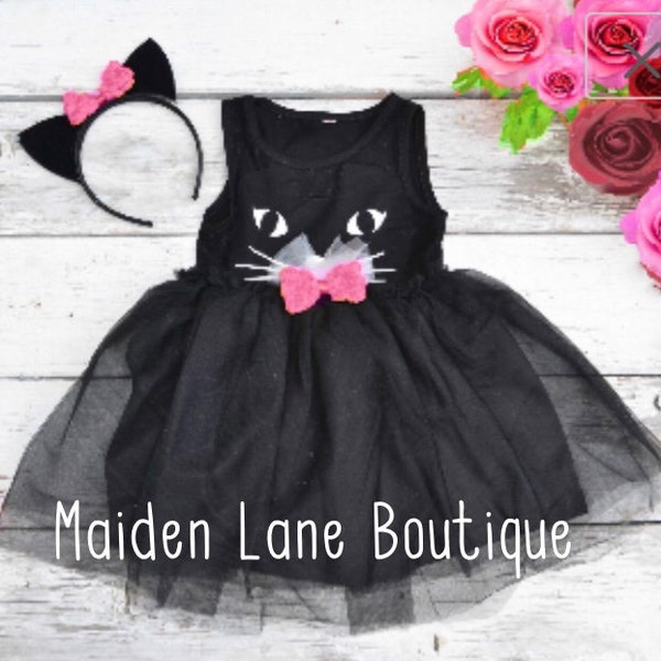 Black Cat Tutu Dress Halloween Costume Kitty Cat Ears Headband Tulle Girls 2t 3t 4t 5 6 Pink bows