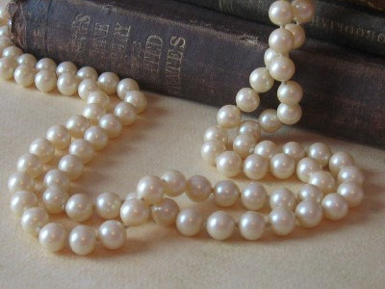 Long Strand Pearls, Faux Pearl Necklace, 60 pearl necklace, glass pearl necklace, childs pearl necklace, photo prop image 1