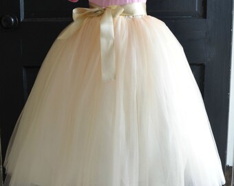 Flower girl Ivory Champagne Tutu with sash, Ivory  Tulle Skirt, Ivory Tutu, Girls Ivory Tutu, Champagne wedding, Flower Girl Tutu