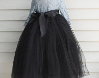 Girls Black Long Sewn Tulle Skirt,  Black Tutu, Toddler Tulle skirt, Girls Tutu, Flower girl dress, long tulle skirt