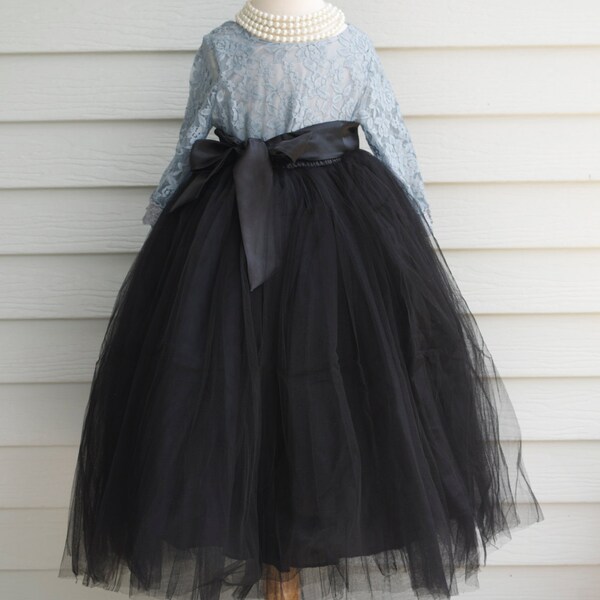 Jupe en tulle cousu long noir noir, tutu noir, jupe en tulle pour tout-petits, tutu pour filles, robe fleurie, jupe longue en tulle