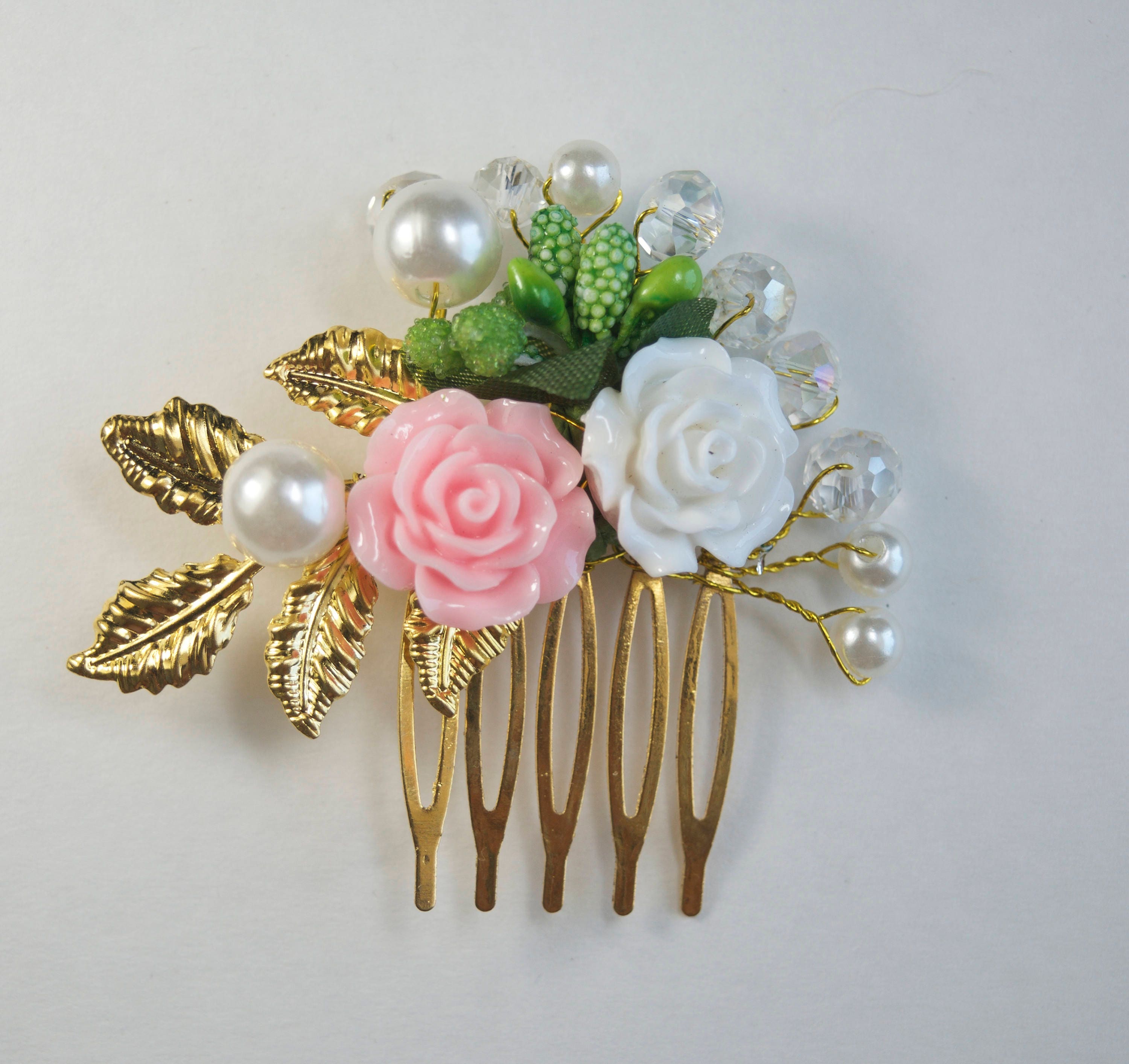 Bridal Comb Rose Gold Floral Leaves Rhinestone Faux Pearl Wedding Hair Comb Rosewood Porcelain Flowers and Crystal Rose Gold Hair Comb main image 4