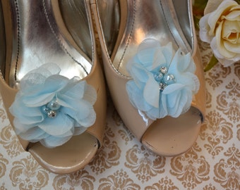 Flower Shoe Clips, Baby Blue Flower shoe clips, shoe clips, wedding shoe clips, rhinestone shoe clips, pearl