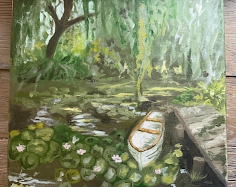 Original boat on lily pad lake
