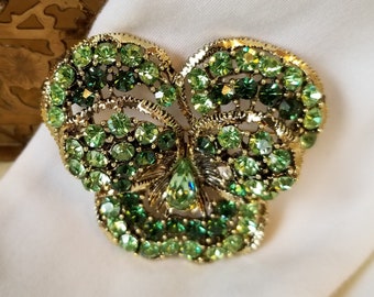 Signed Jewelry 1950s Flower Floral Vintage Austria Green Rhinestone Brooch Pin Evening Goldtone
