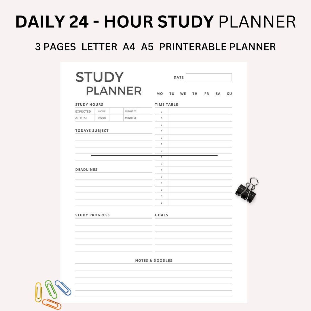 24 Hour Daily Study Planner Printable, College Planner, Study Planner ...