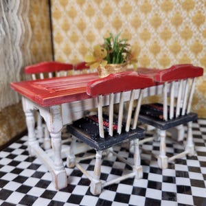 1:12 dollhouse furniture, one-of-a-kind, retro inspired 4 seat kitchen table and chairs with Handmade flower arrangement INCLUDED!!