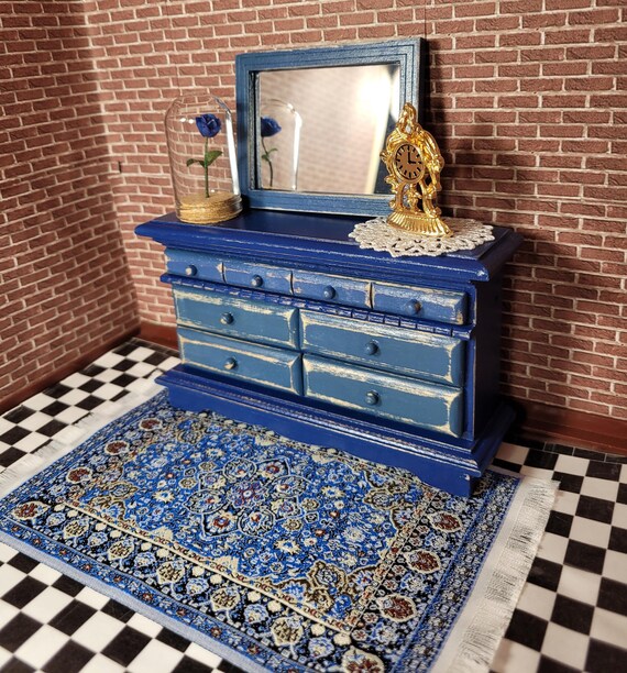 1:12 Dollhouse Dresser with Real Mirror, Handmade Blue Miniature Furniture 1:12 Dollhouse Dresser with Real Mirror, Handmade Blue Miniature Furniture