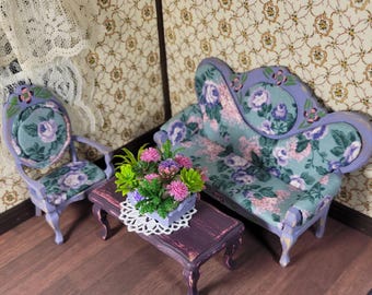 1:12 Dollhouse Furniture Set, Handmade Lavender and Green Floral Livingroom