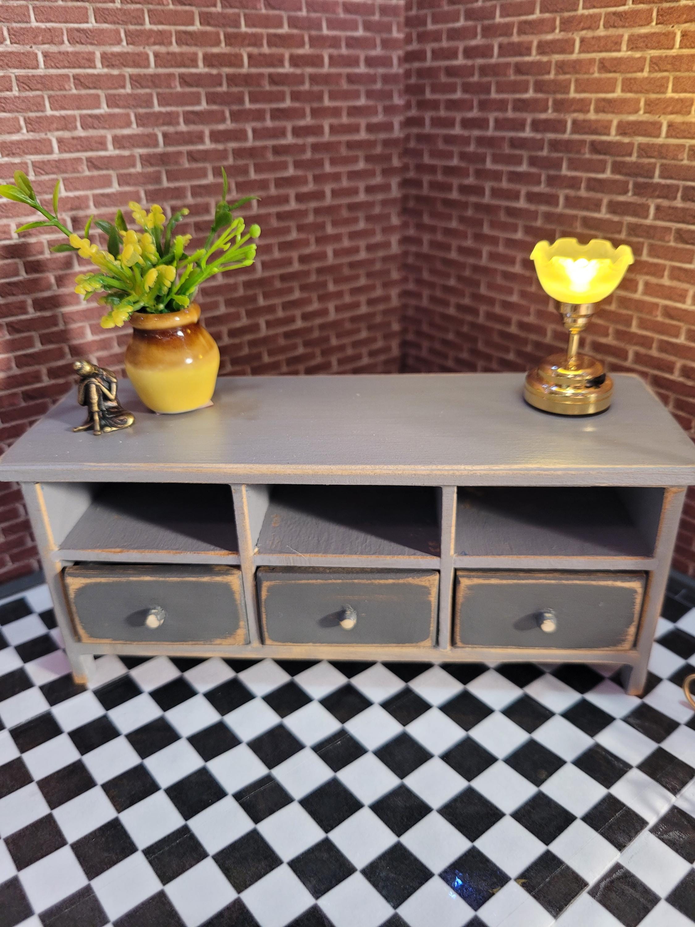 1:12 dollhouse furniture, one-of-a-kind, vintage 2 toned grey accent table with all accessories INCLUDED!!