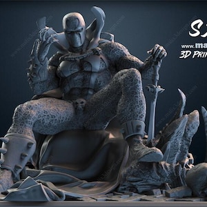 Könnte beinhalten: Detaillierte 3D-gedruckte Statue einer Figur, die auf einem Thron sitzt, mit einem Schädel und anderen Figuren an der Basis. Die Figur trägt eine Rüstung und eine Maske. Das Bild enthält den Text "SANIX" und "www.malix3Ddesign.com 3D PRINTING - STL FILES".