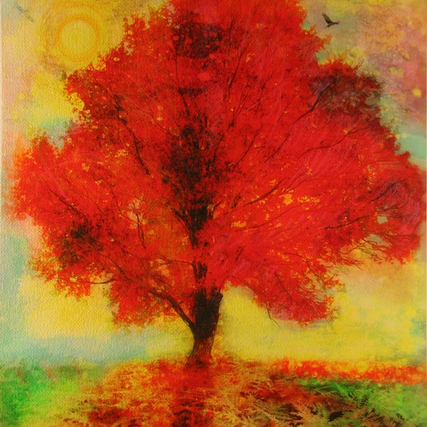 16x20 inches,Signed Original art,Autumn sunset,art, original, mixed media photograph #Fall #colorful art #red decor #original art #treeart