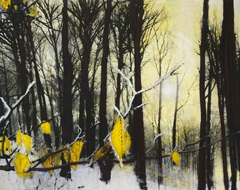 Holding on, 8x16 inches, yellow autumn leaves, winter trees, winter woods, winter wall art, trees in winter, yellow decor, bare trees, art