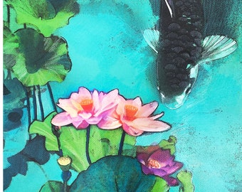 Lotus blossom, Koi wall art, 16x20 inches, teal and pink wall art, Original art, Mixed media art, Lotus Original, Koi wall art, Lotus art