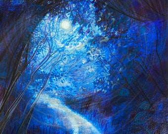 Forrest pathway,moonlight in the woods, 16x20 inches, Art photography, Fine art photography, Mixed media, painting, trees wall art, blue art