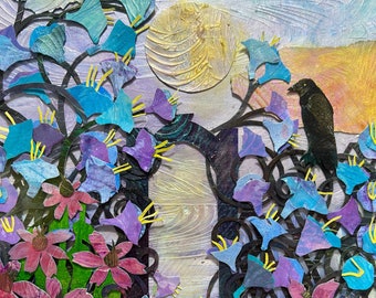 Crows at Dawn: 3D Paper Collage - Morning Glories Artwork