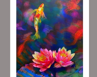 Koi rising to greet the sun, 16x20 inches, Koi art, Koi, Water lily art, pink water lilies, fish ponds, Koi original art, colorful Koi art