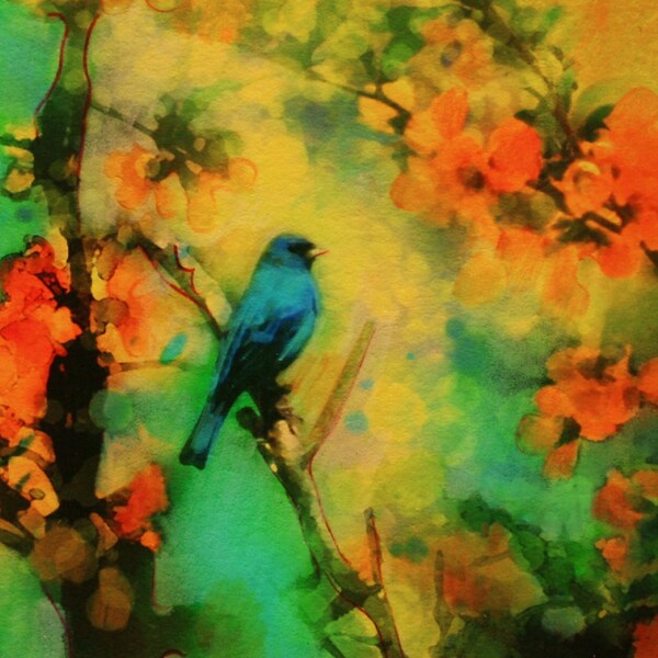 Indigo bunting, 4x4 inches,Bird art, Gift under 25, photo mixed media original, bird art, nature decor, wall art, gift under 25