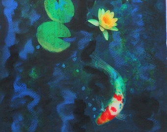 Signed Original art,Green of summer, 11x17, Koi, art, Fine art photography, with mixed medias, water lily #wall art #ponds #Koi art #fish