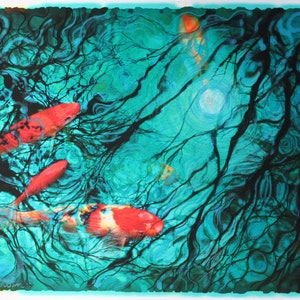 Moonlight swim, 11x17 inches, Koi wall art, Original Koi art, water reflections art, teal wall art, Original art, moon reflection, night art image 2