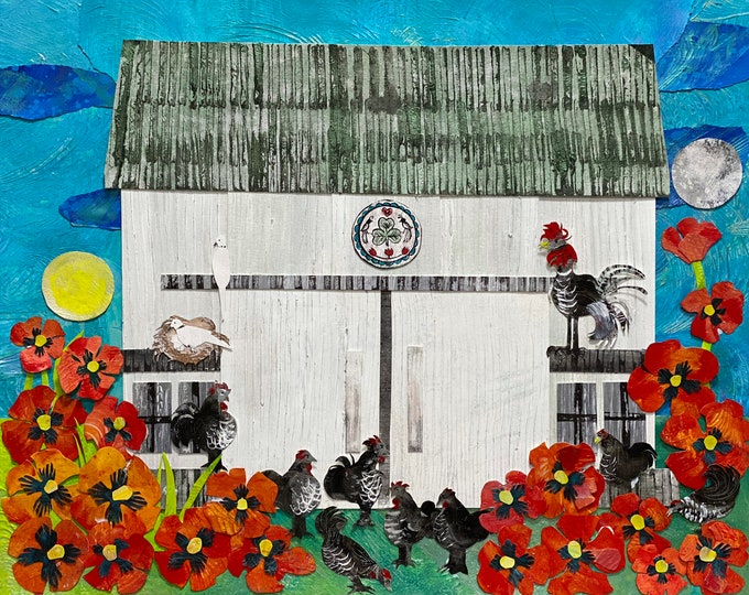 Good Luck Rising, 20x24, Farms, Old Barns, Hex Signs, Rooster Art, Whimsical Art, Folkart