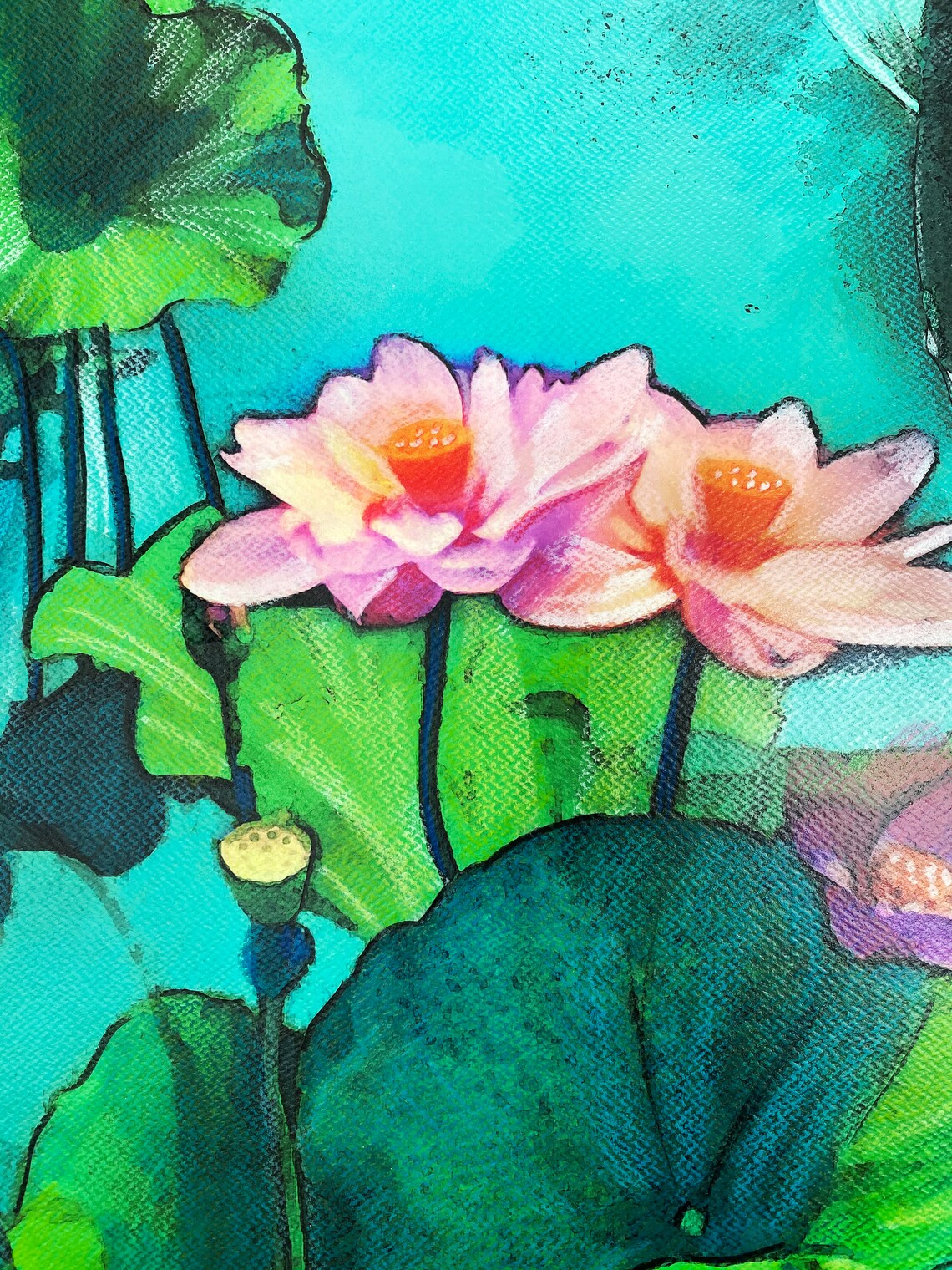 Lotus Blossom Koi Wall Art 16x20 Inches Teal and Pink Wall Etsy