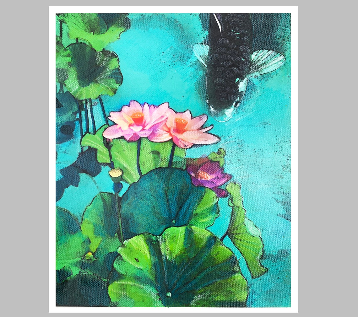 Lotus Blossom Koi Wall Art 16x20 Inches Teal and Pink Wall Etsy