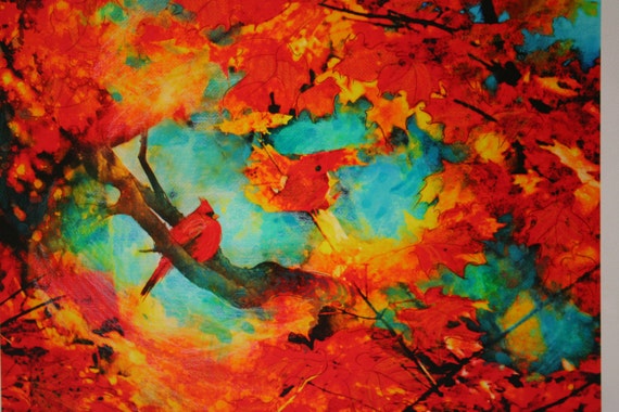 Autumn Cardinal Fine Art Photograph: Mixed Media Nature Decor (16x20 inches) Original signed