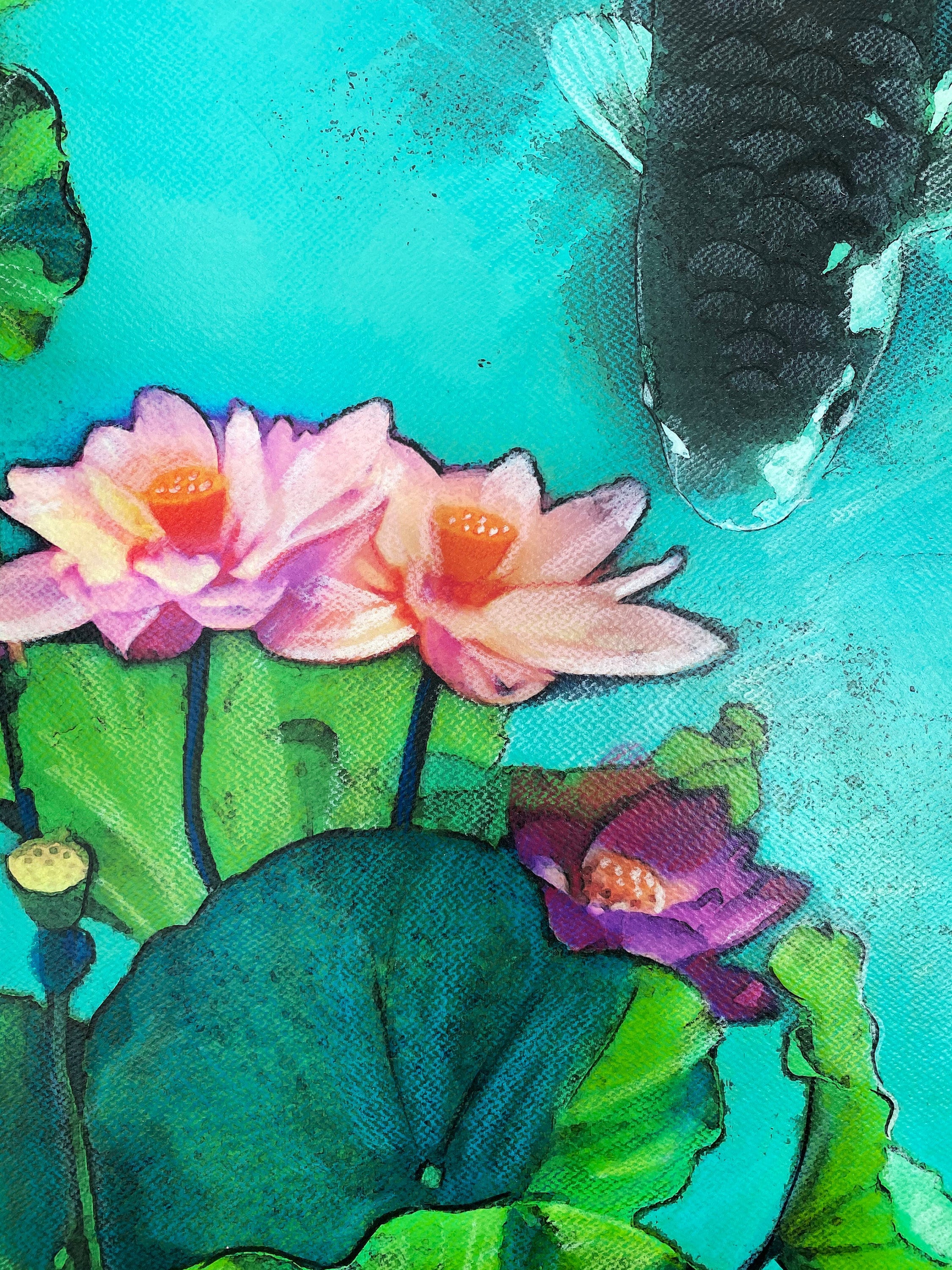 Lotus Blossom Koi Wall Art 16x20 Inches Teal and Pink Wall Etsy