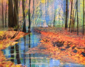 16x20 inches,Signed Original art,Autumn stream,Mixed media photograph, works on paper, Fall landscapes, nature landscapes, Wall art #Fallart