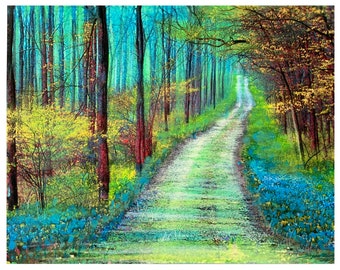 Spring green, Bluebonnet trail, 11x14 inches, mixed media photograph with painting, dirt roads, wild flowers art, forrest trails, Michigan
