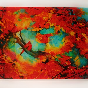 autumn nature artwork a Cardinal in a red maple tree. original signed wall art large