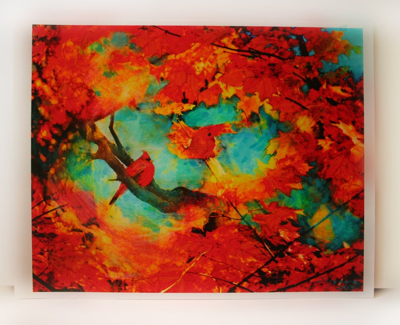 autumn nature artwork a Cardinal in a red maple tree. original signed wall art large