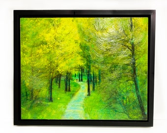 Spring rain, 18x22 Framed art, Original paintings, Spring green trees, Living room art, pathways, green art, Micgigan, Nature landscapes