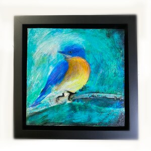 Bluebird Original Art: Spring Mixed Media Painting, Black Frame (10x10 inches)