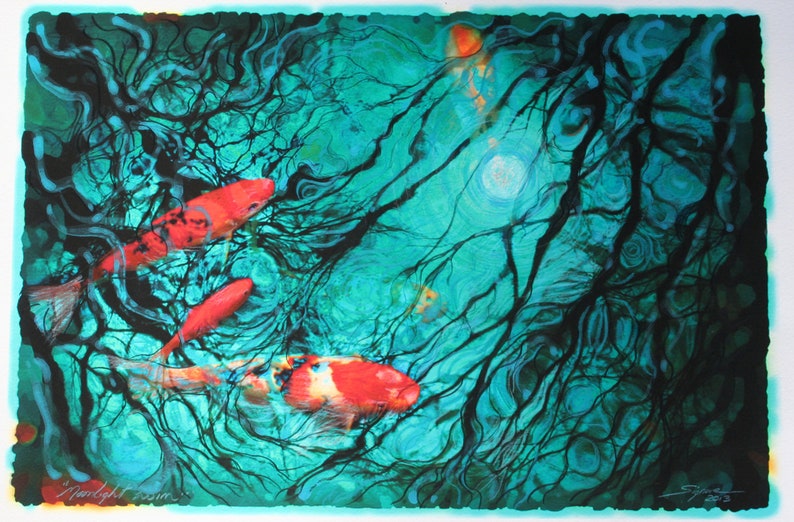 Moonlight swim, 11x17 inches, Koi wall art, Original Koi art, water reflections art, teal wall art, Original art, moon reflection, night art image 2