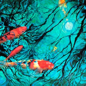 Moonlight swim, 11x17 inches, Koi wall art, Original Koi art, water reflections art, teal wall art, Original art, moon reflection, night art image 1