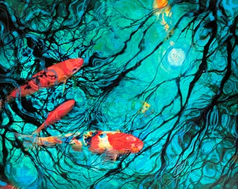 Moonlight swim, 11x17 inches, Koi wall art, Original Koi art, water reflections art, teal wall art, Original art, moon reflection, night art